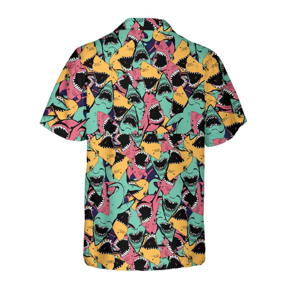 Angry Shark Seamless Pattern Hawaiian Shirt Shark Shirt Button Up For Adults Shark Print Shirt Aloha Shirt For Men and Women