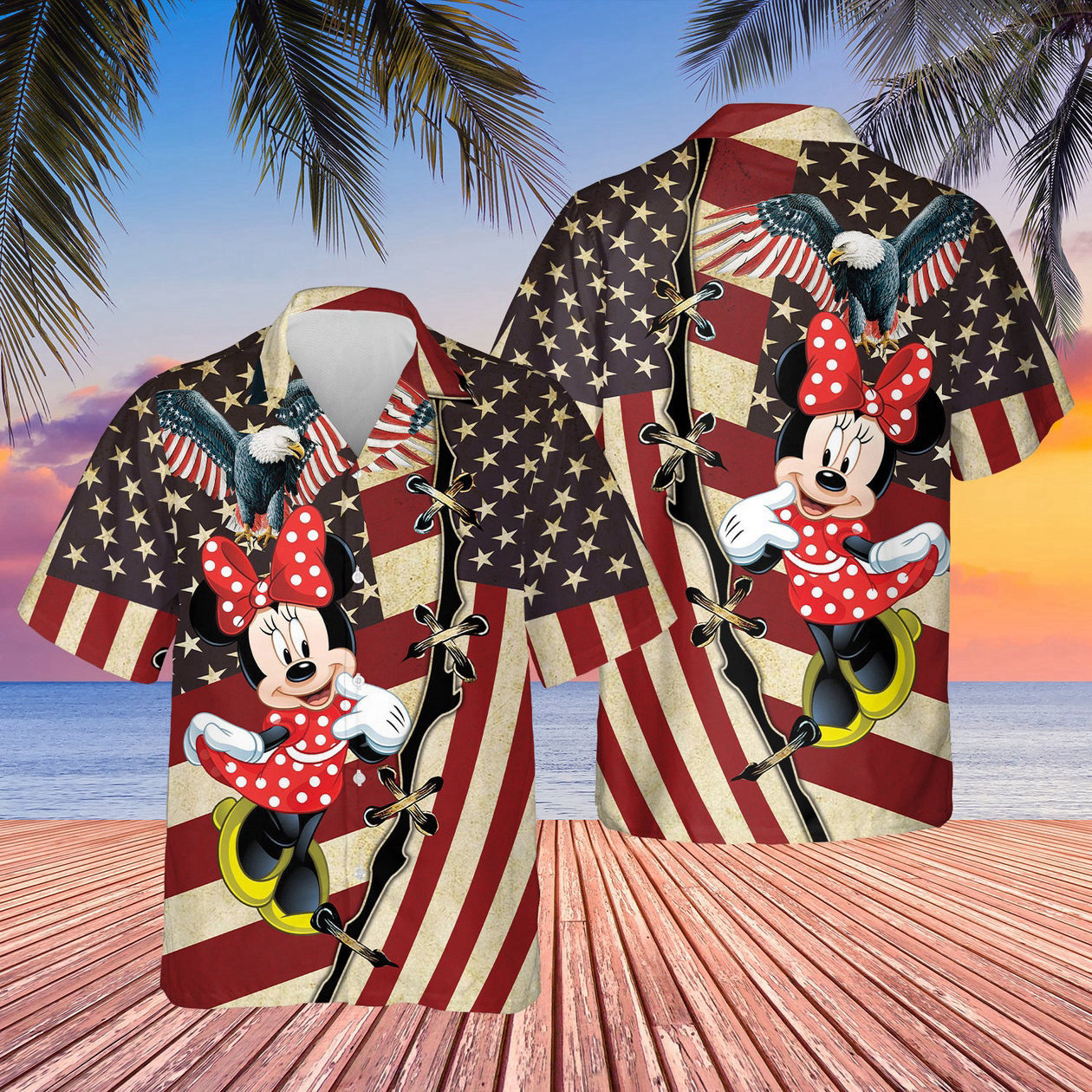 Minnie American Flag Pattern 3D Hawaiian Shirt Hot Summer Aloha Shirt For Men Women