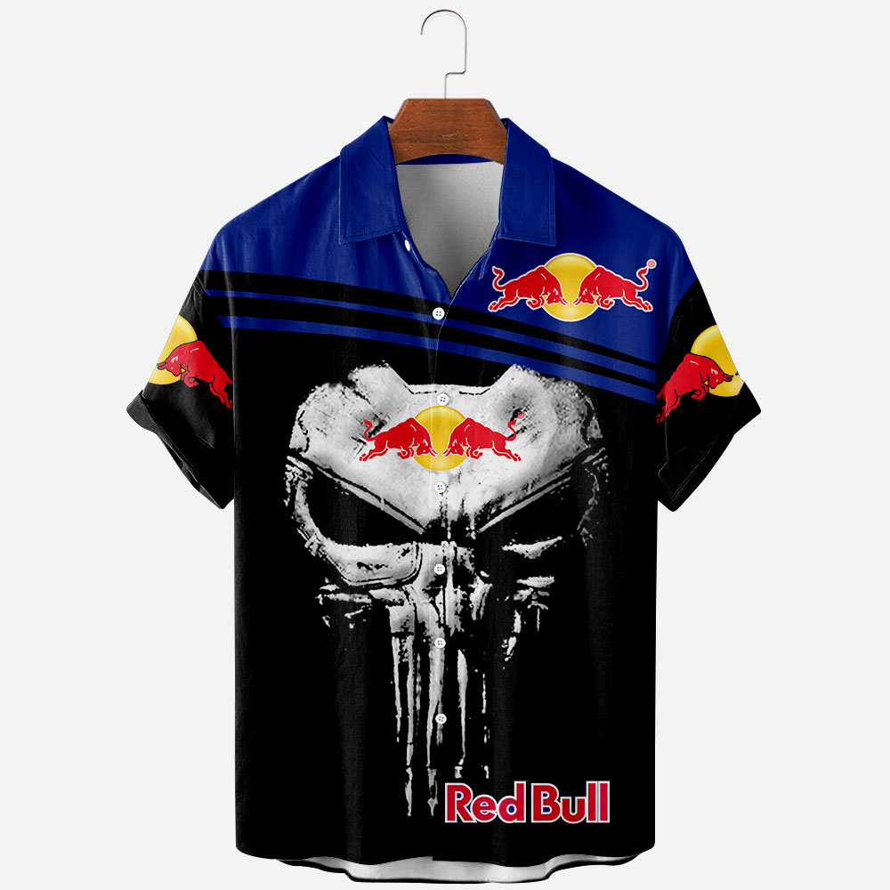 Skull Dark Red Bull Printed 3D Hawaiian Shirt Button Up Tee