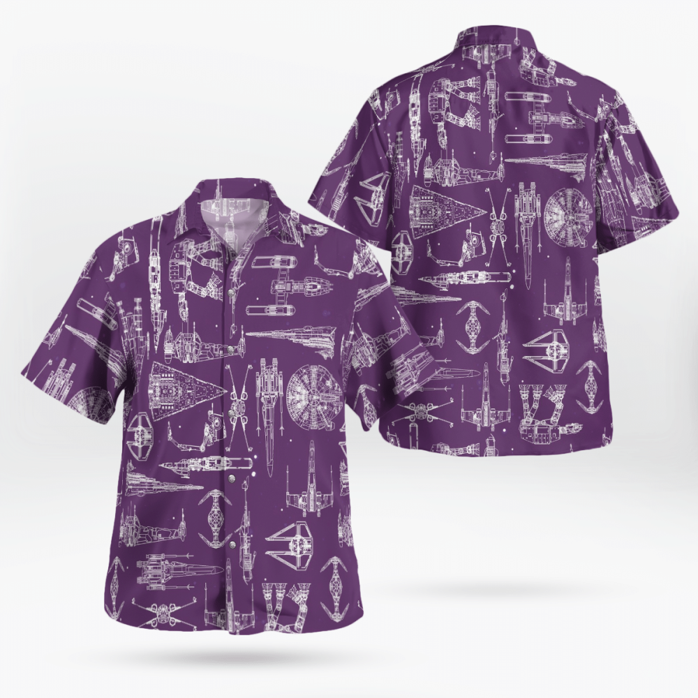 Space Ship Pattern Hawaiian Shirt Violet Summer Aloha Shirt For Men Women