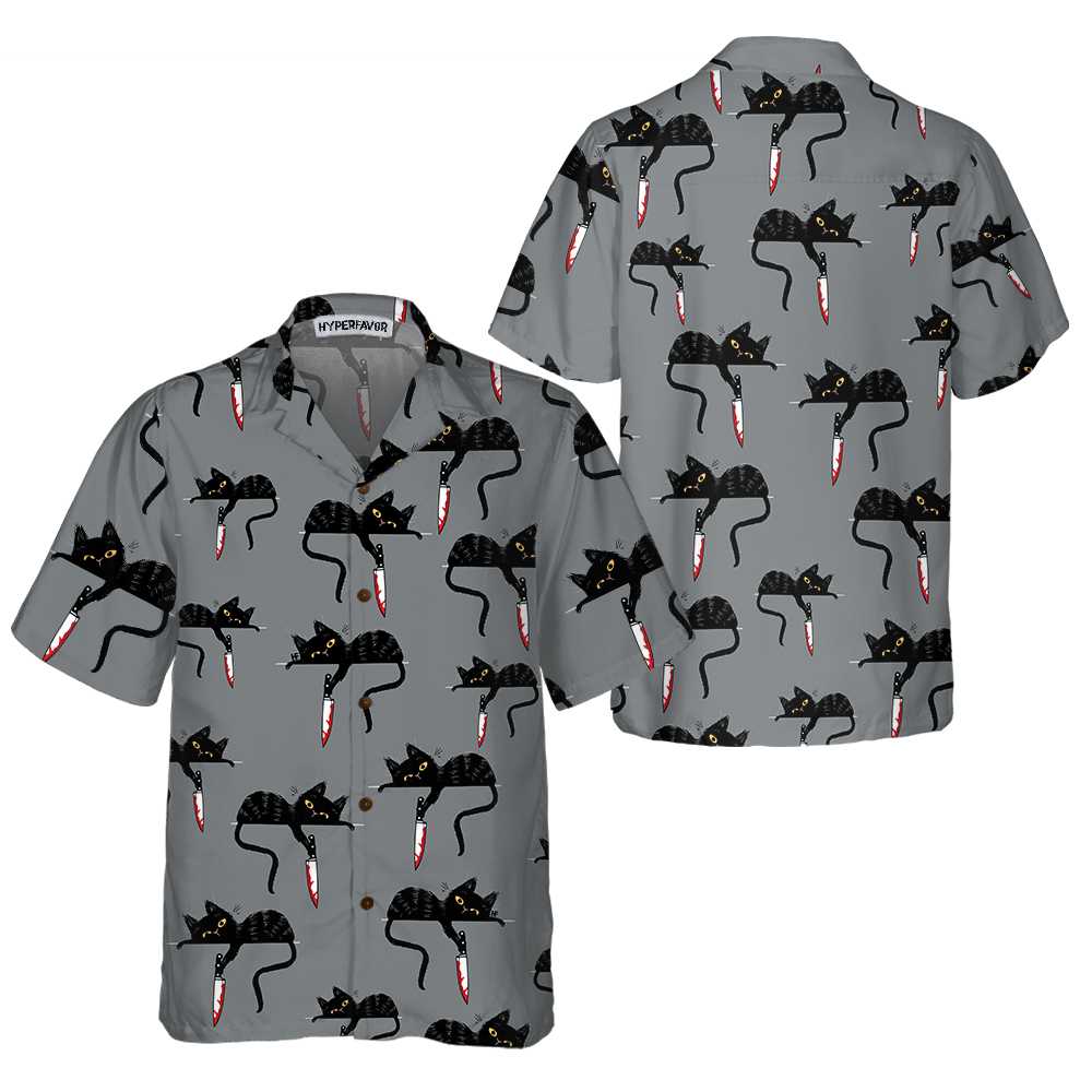 Black Cat With Knife Hawaiian Shirt Funny Black Cat Shirt For Adults Cat Themed Gift For Cat Lovers Aloha Shirt For Men and Women