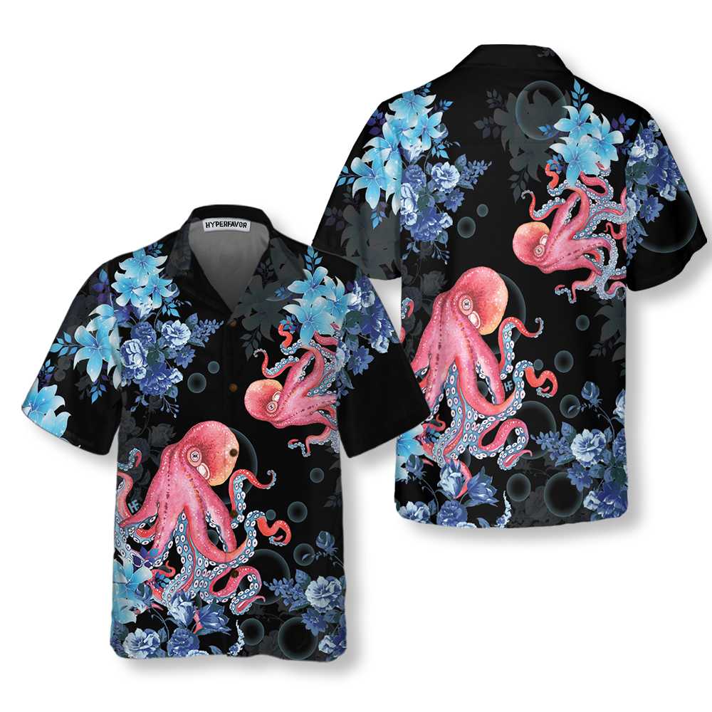 Blue Floral And Octopus Hawaiian Shirt Short Sleeve Octopus Shirt Aloha Shirt For Men and Women