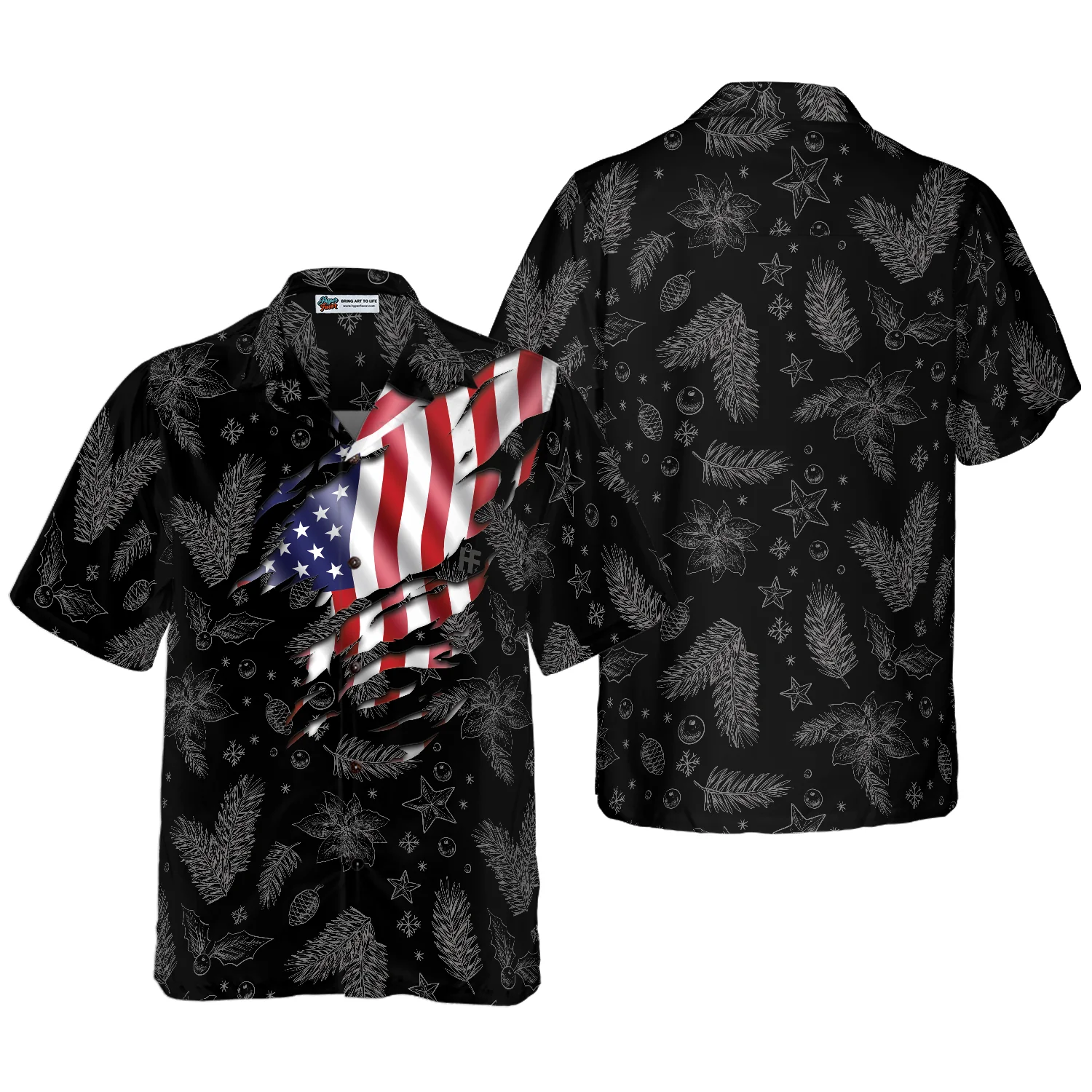 Hyperfavor Christmas Hawaiian Shirts Chritmas USA Flag Pattern Shirt Short Sleeve Christmas Shirt Idea Gift Aloha Shirt For Men and Women