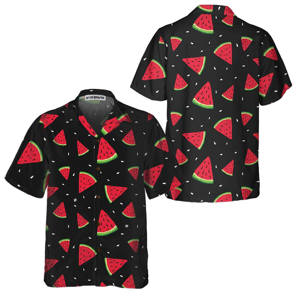 Seamless Hand Drawn Watermelon Pattern Hawaiian Shirt Black Watermelon Print Shirt  Women Aloha Shirt For Men and Women