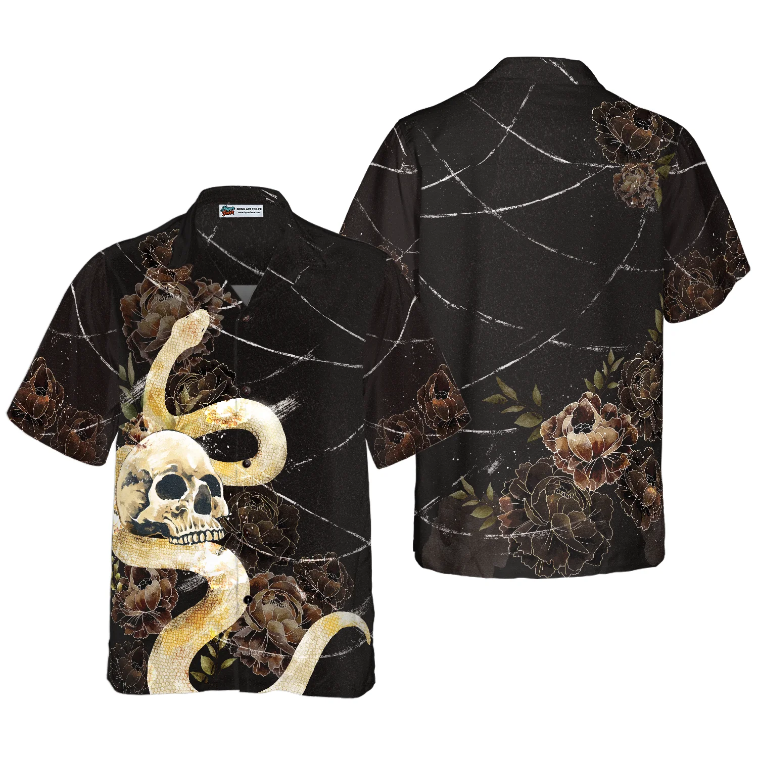 Gothic Skull with Snake Hawaiian Shirt Black Peony Flowers Goth Hawaiian Shirt Aloha Shirt For Men and Women