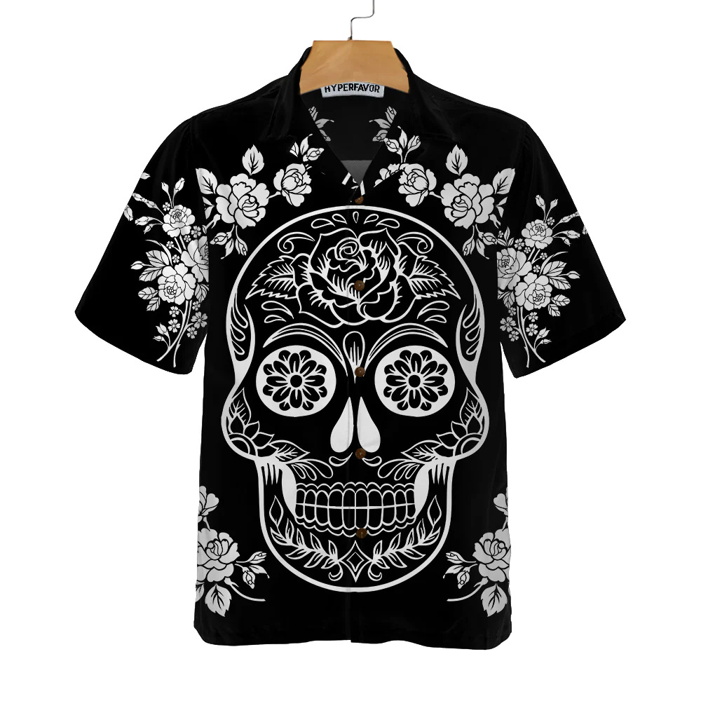 Mexican Sugar Skull Tattoo Hawaiian Shirt Black And White Day Of The Dead Skull Unique Day Of The Dead Gift Aloha Shirt For Men and Women