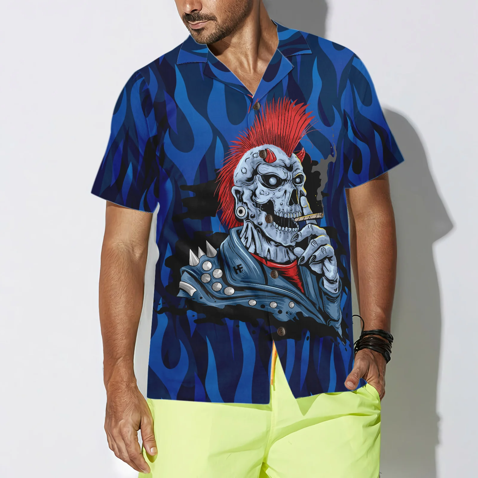 Punk Rock Skull Electric Guitar Hawaiian Shirt Blue Flame Pattern Skull Rocker Hawaiian Shirt Aloha Shirt For Men and Women