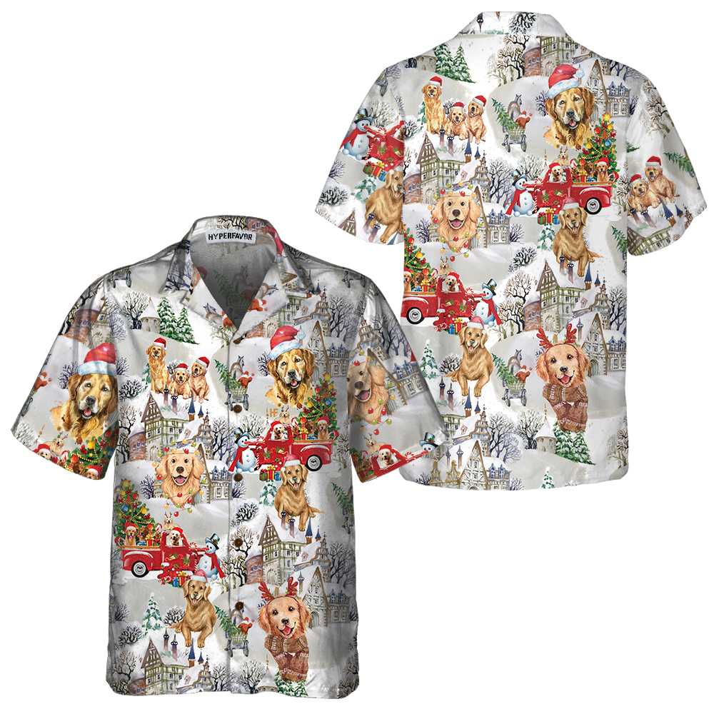 Golden Retriever On Christmas Hawaiian Shirt Golden Retriever Christmas Shirt Christmas Gift For Golden Retriever Lover Aloha Shirt For Men and Women