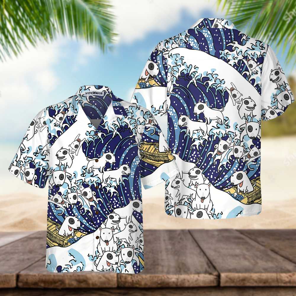 Bull Terrier Tsunami Bull Terrier Hawaiian Shirt Funny Bull Terrier Shirt Aloha Shirt For Men and Women