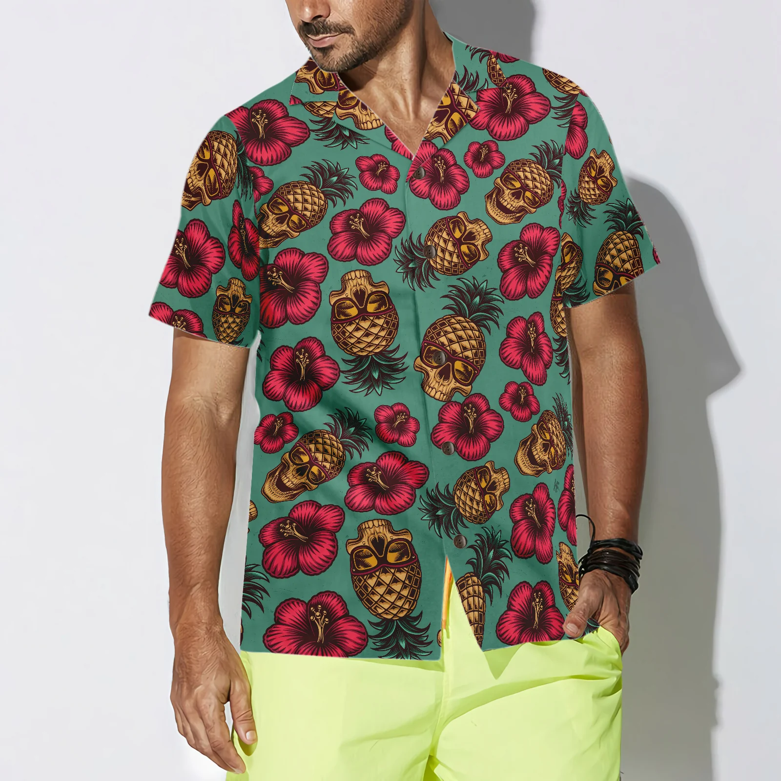 Retro Pineapple Skull Pattern Hawaiian Shirt Aloha Shirt For Men and Women