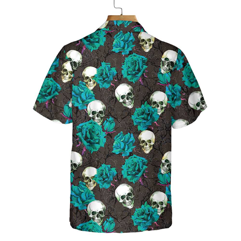 Skulls  Rose Branches Hawaiian Shirt Blue Roses And Gothic Skull Shirt Aloha Shirt For Men and Women