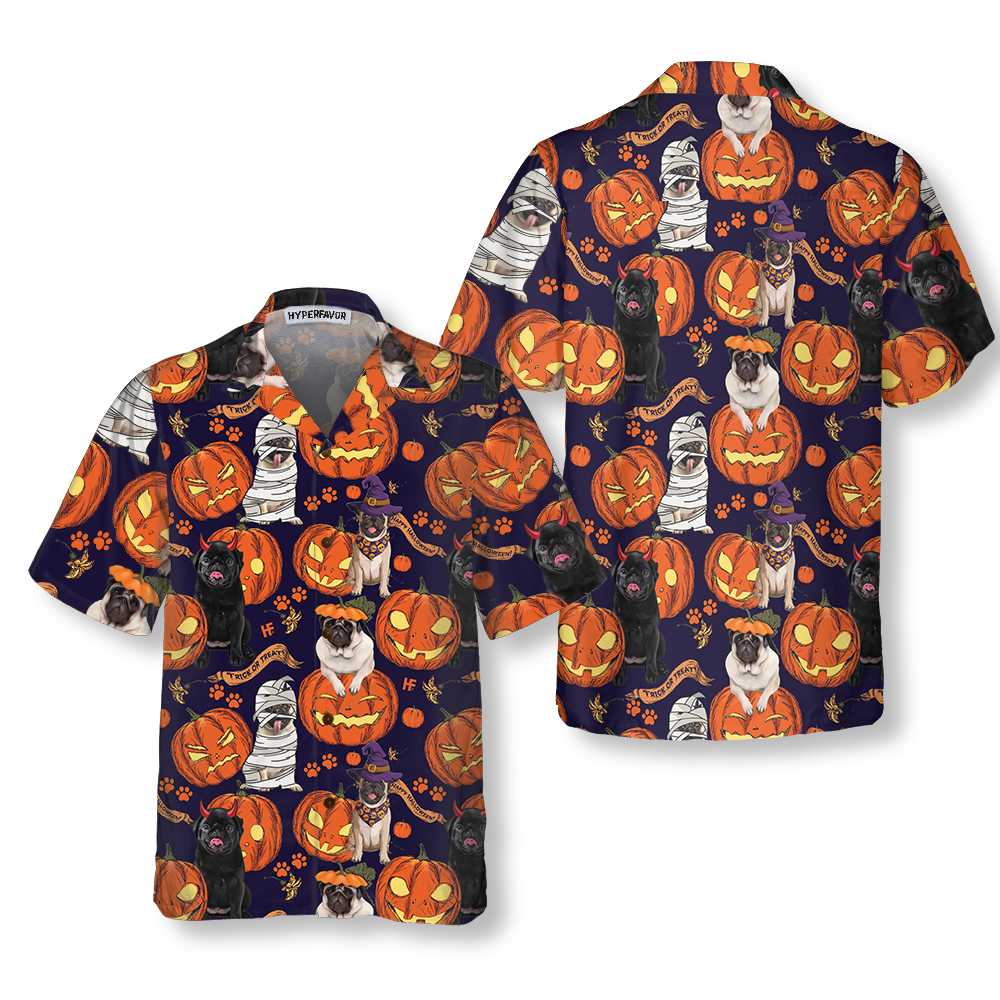 Halloween Pug Dog With Pumpkin Hawaiian Shirt Unique Pug Shirt For Halloween Aloha Shirt For Men and Women