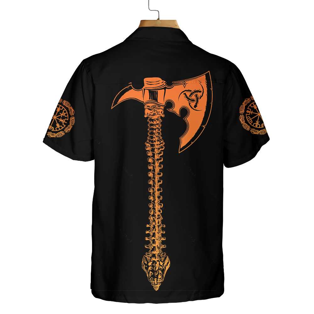 Viking Skull With Backbone Axe Hawaiian Shirt Cool Orange Pattern Black Skull Shirt Aloha Shirt For Men and Women