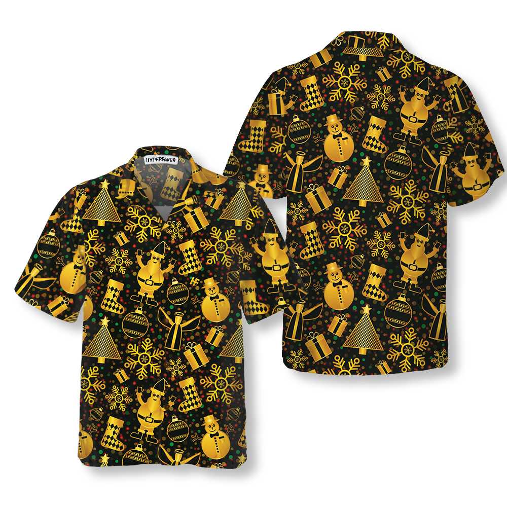 Golden Christmas Elements Hawaiian Shirt Funny Christmas Shirt Best Xmas Gift Idea Aloha Shirt For Men and Women