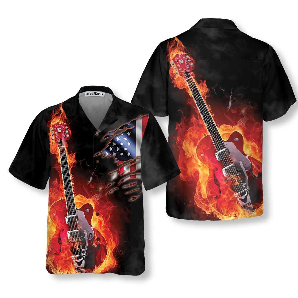 Guitar On Fire Hawaiian Shirt American Flag Fire Guitar Shirt Aloha Shirt For Men and Women