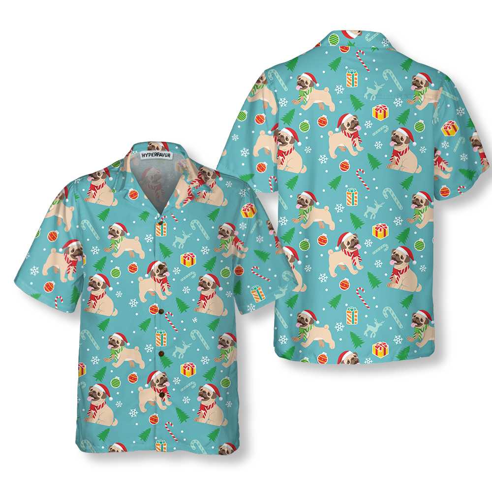 Happy Pug Dog Christmas Hawaiian Shirt Funny Pug Christmas Shirt Aloha Shirt For Men and Women