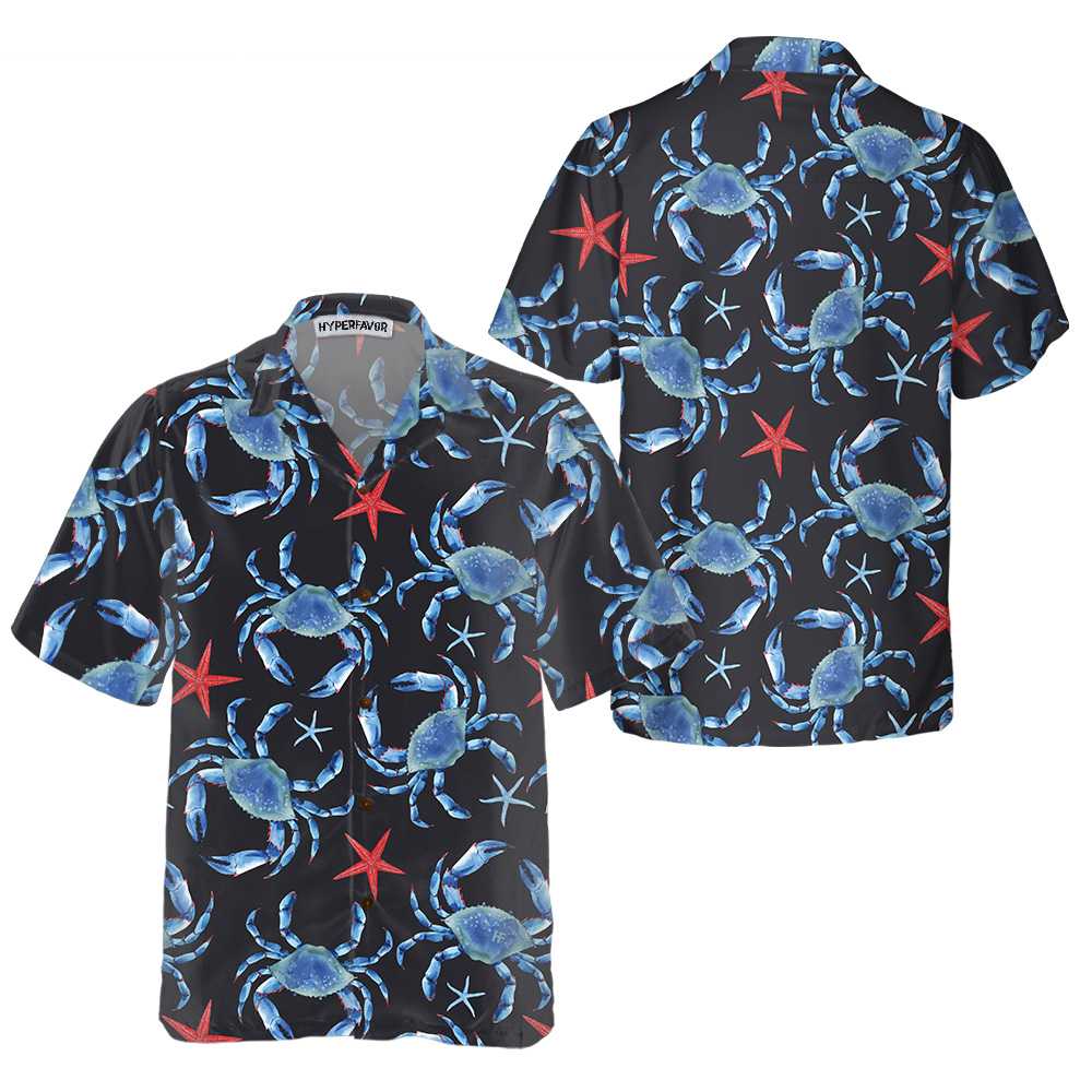 Blue Crab And Starfish Pattern Crab Hawaiian Shirt Blue Crab Shirt  Women Best Crab Gift Aloha Shirt For Men and Women