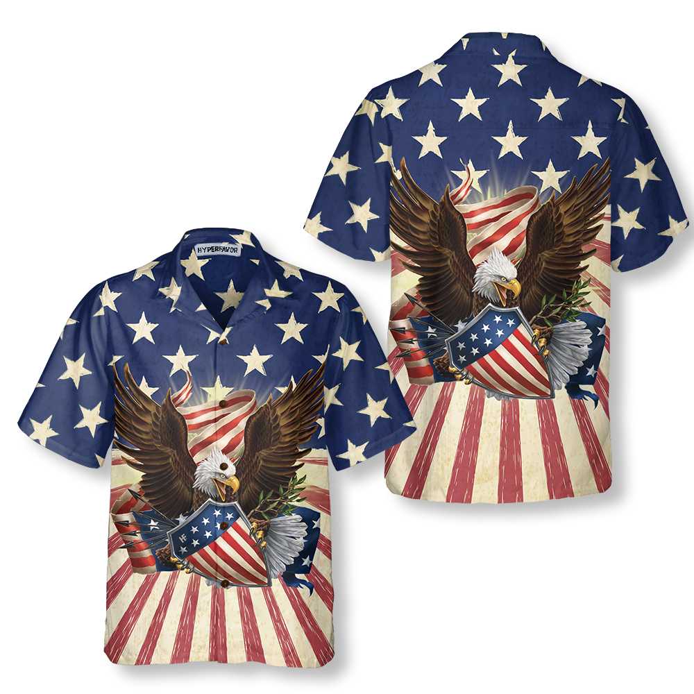 Patriotic Eagle Defending Honor And America Hawaiian Shirt American Flag Button-down Shirt Aloha Shirt For Men and Women