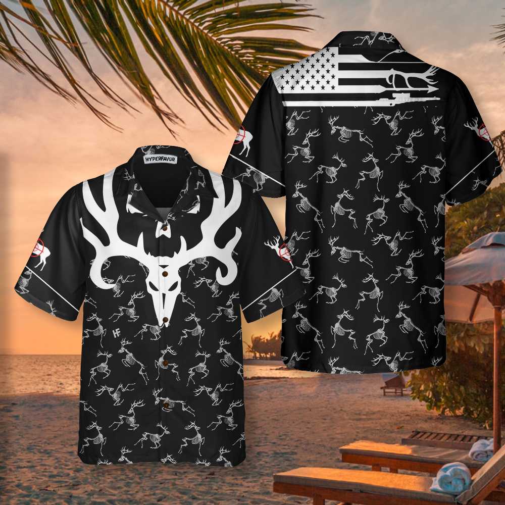 Deer Head Skull Bone America Hunting Hawaiian Shirt Black And White Deer Hunting Shirt Aloha Shirt For Men and Women