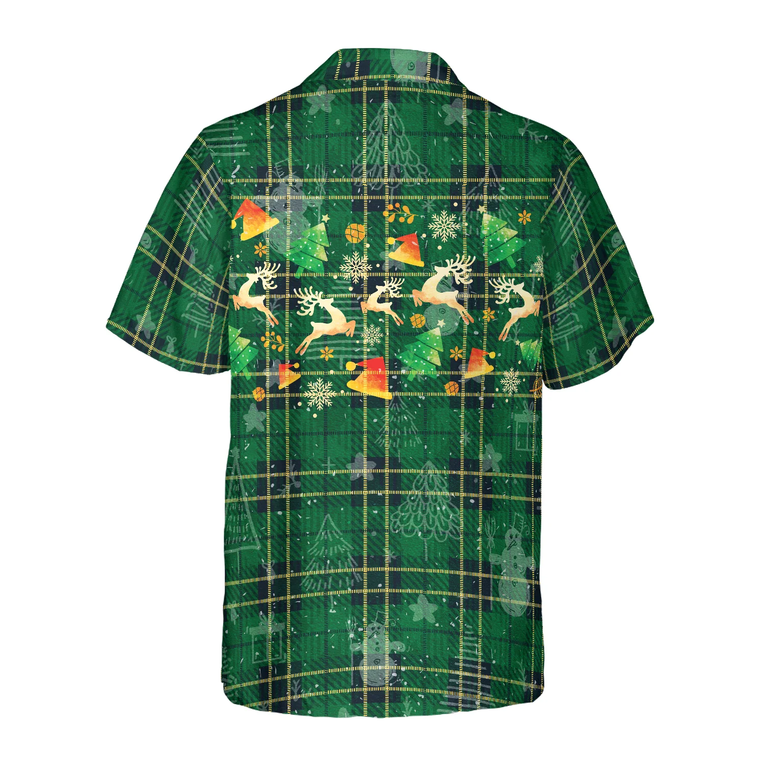 Hyperfavor Christmas Hawaiian Shirts Christmas Reindeer Green Plaid Pattern Hawaiian Shirt Button Down Shirt Short Sleeve Aloha Shirt For Men and Women