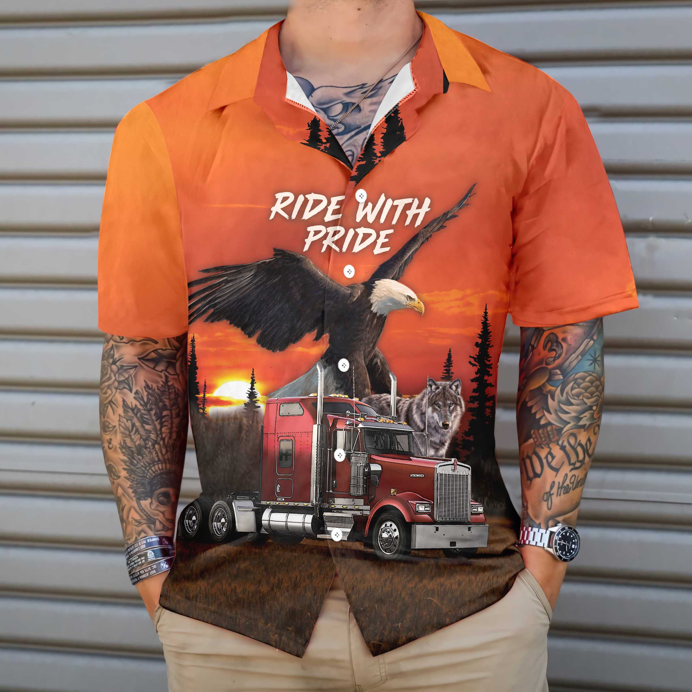 Ride With Pride Trucker Hawaiian Shirt Eagle And Wolf Trucker Shirt Best Gift For Trucker Riders Aloha Shirt For Men and Women