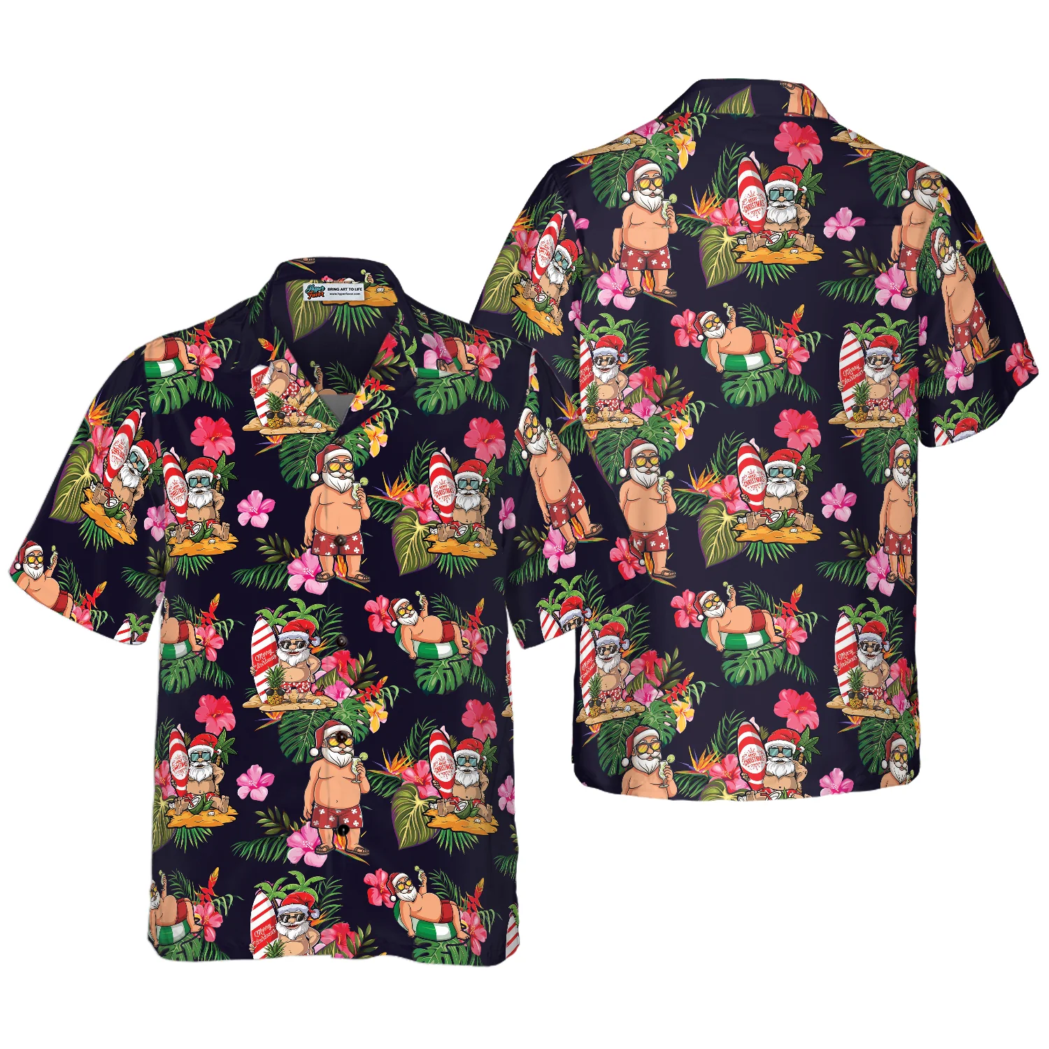 Hyperfavor Christmas Hawaiian Shirt Santa With Tropical Flower Pattern Shirt Short Sleeve Christmas Shirt Idea Gift Aloha Shirt For Men and Women