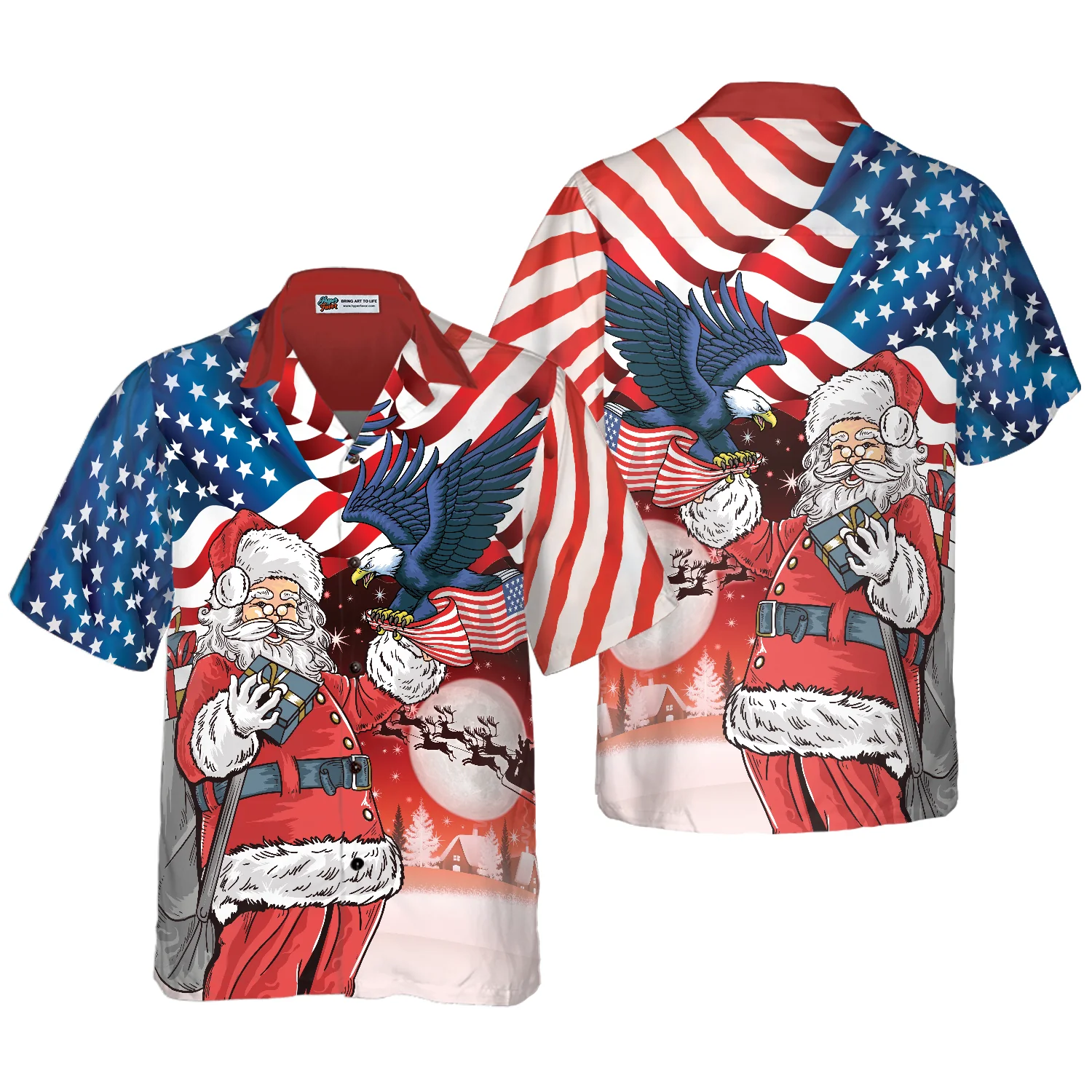 Hyperfavor Christmas Hawaiian Shirts Eagle Perched On Santas Hand With American Flag Background Shirt Short Sleeve Christmas Shirt Idea Gift Aloha Shirt For Men and Women