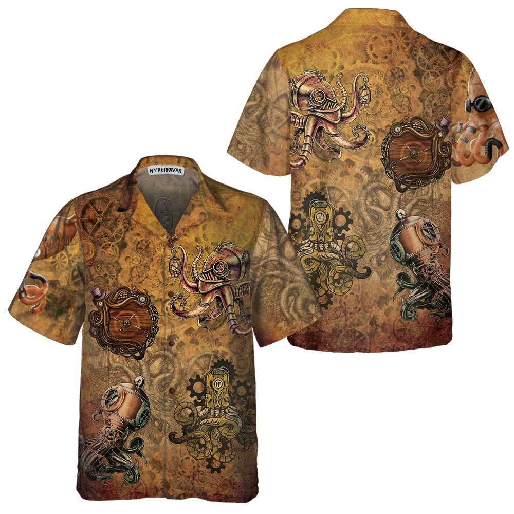 Steampunk Octopus Hawaiian Shirt Short Sleeve Octopus Shirt Unique Octopus Beach Shirt Aloha Shirt For Men and Women