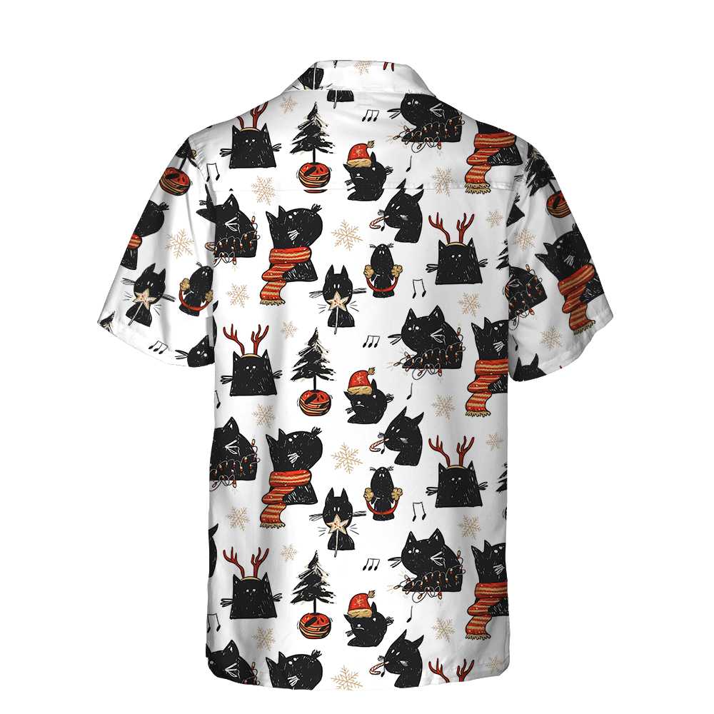 Cartoon Black Cat Merry Christmas Hawaiian Shirt Funny Christmas Cat Shirt Best Xmas Gift Idea Aloha Shirt For Men and Women