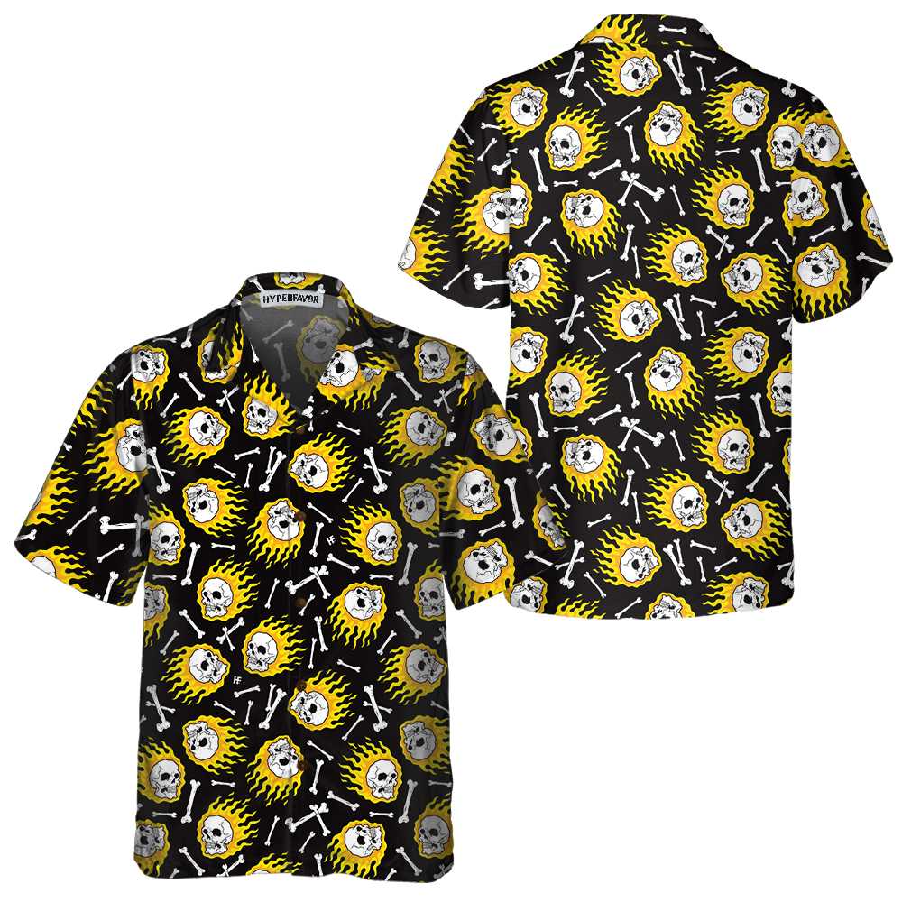 Flaming Skull Pattern Hawaiian Shirt Unique Flame Shirt Flame Print Shirt Aloha Shirt For Men and Women