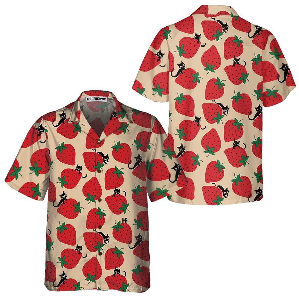 Strawberry And Cat Seamless Pattern Hawaiian Shirt Strawberry Shirt  Women Strawberry Print Shirt Aloha Shirt For Men and Women