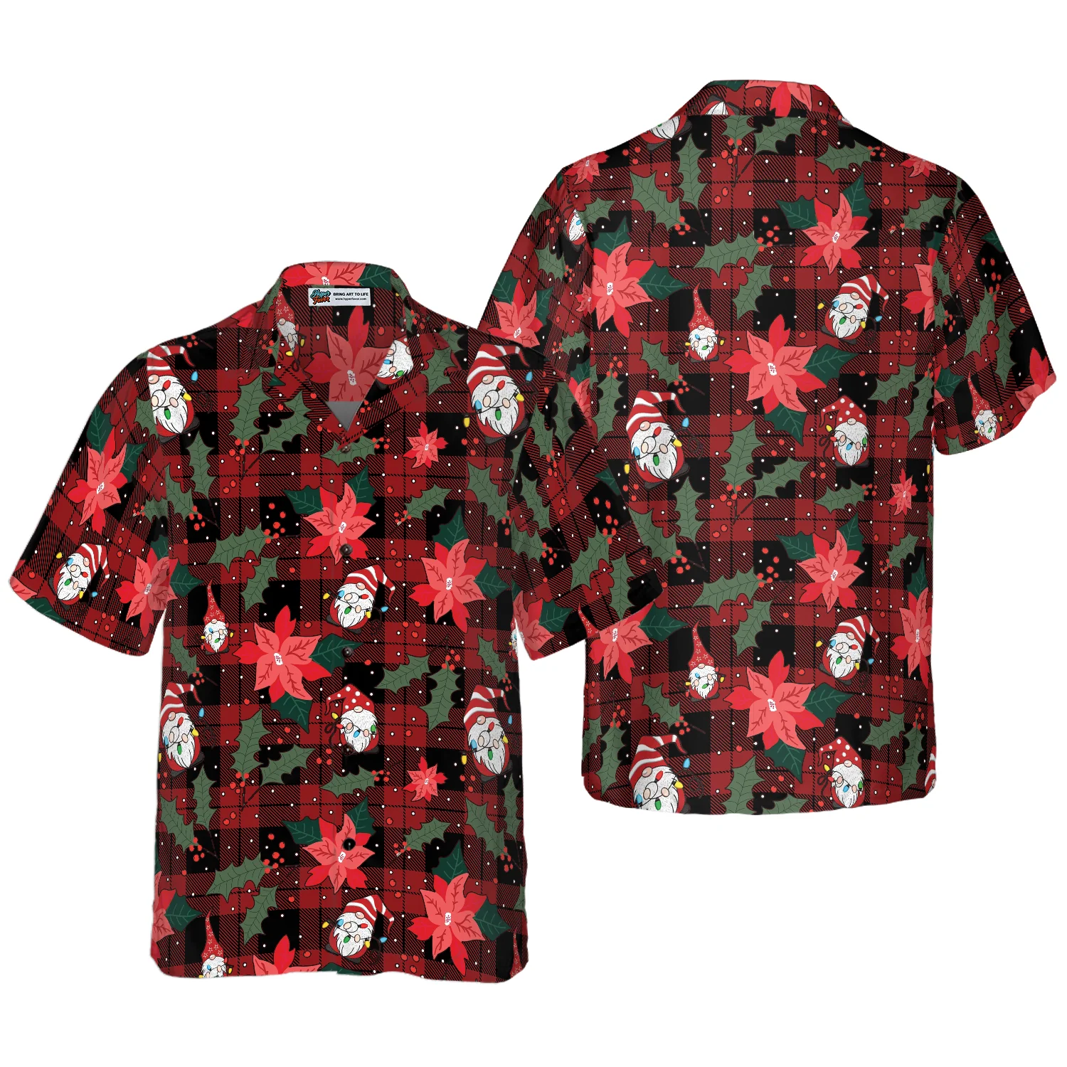 Hyperfavor Christmas Hawaiian Shirts Gnomes With Red Plaid Pattern Shirt Short Sleeve Christmas Shirt Idea Gift Aloha Shirt For Men and Women