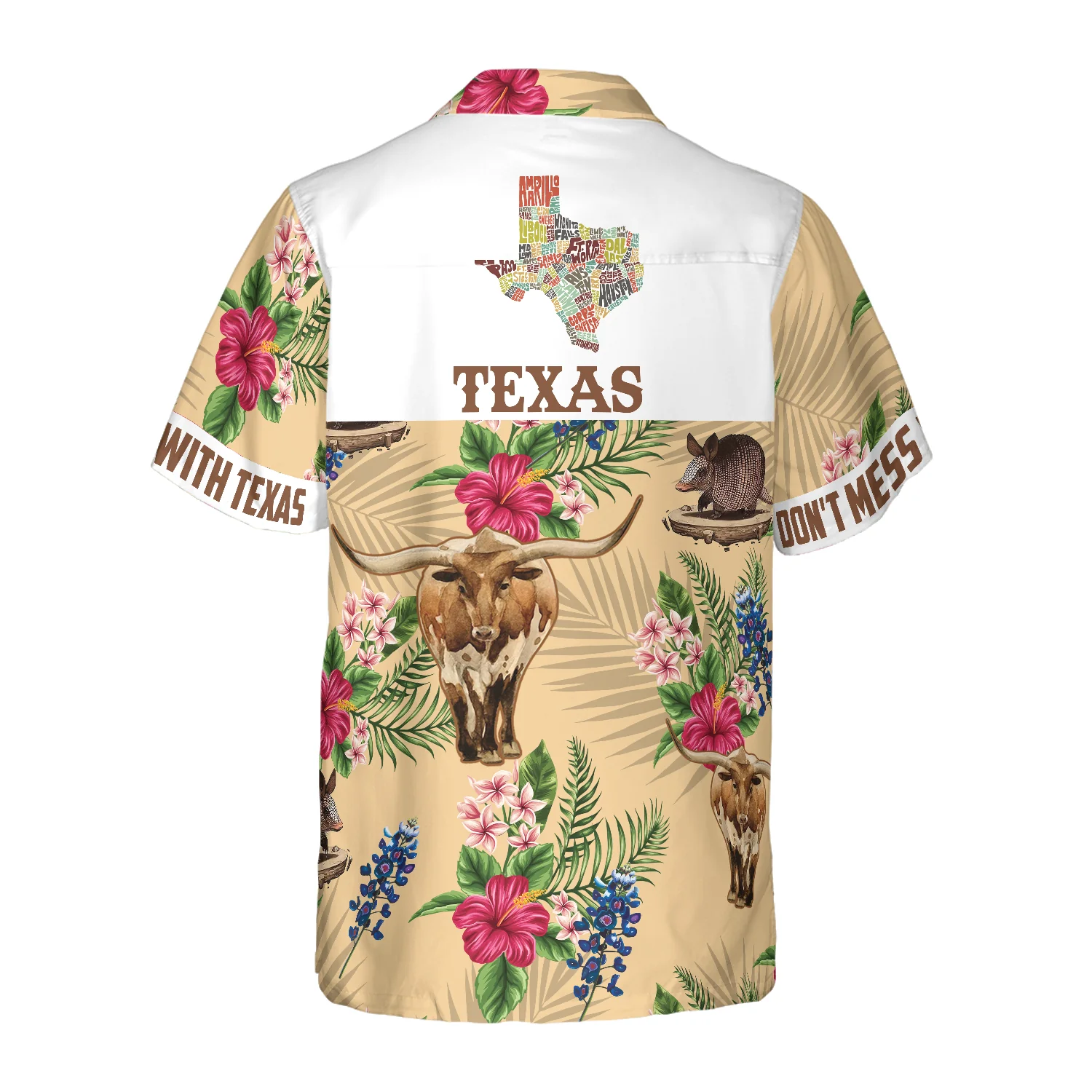 Insignia Bluebonnet Texas Hawaiian Shirt White Back Cream Version Dont Mess With Texas Armadillo and Longhorn Texas Home Shirt Aloha Shirt For Men and Women