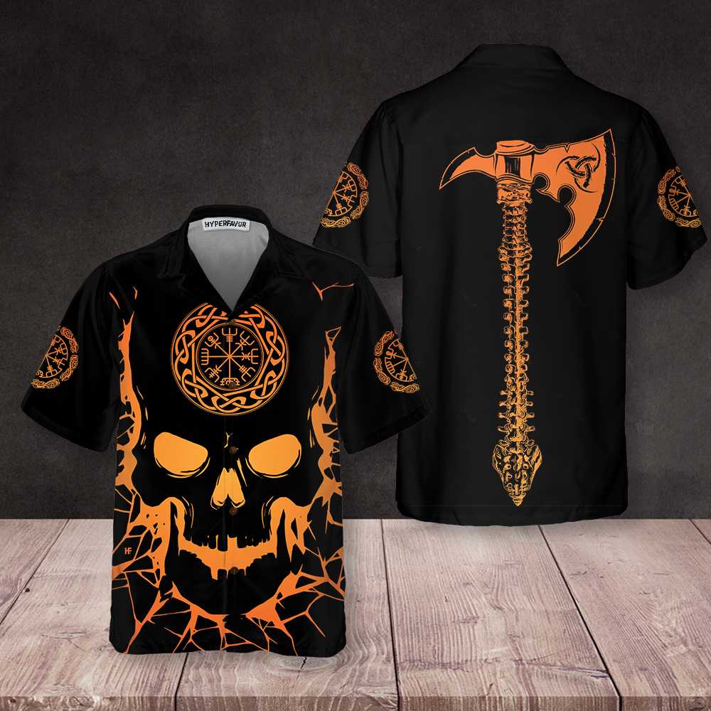 Viking Skull With Backbone Axe Hawaiian Shirt Cool Orange Pattern Black Skull Shirt Aloha Shirt For Men and Women