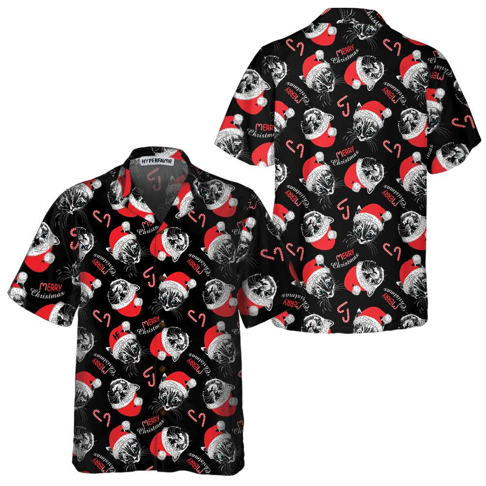 Merry Christmas Black Hawaiian Shirt Funny Christmas Cat Shirt Best Xmas Gift Idea Aloha Shirt For Men and Women