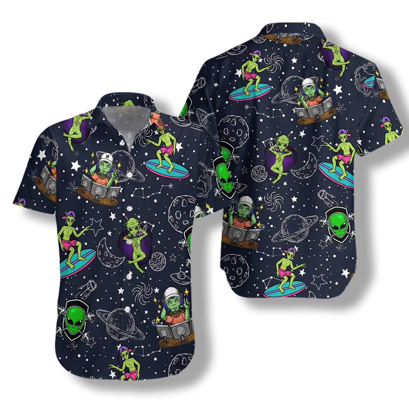 Aliens Night Sky Hawaiian Shirt Aloha Shirt For Men and Women