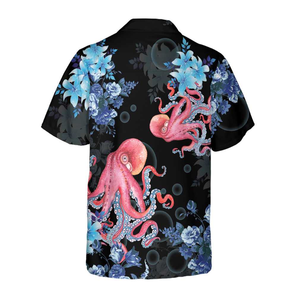 Blue Floral And Octopus Hawaiian Shirt Short Sleeve Octopus Shirt Aloha Shirt For Men and Women