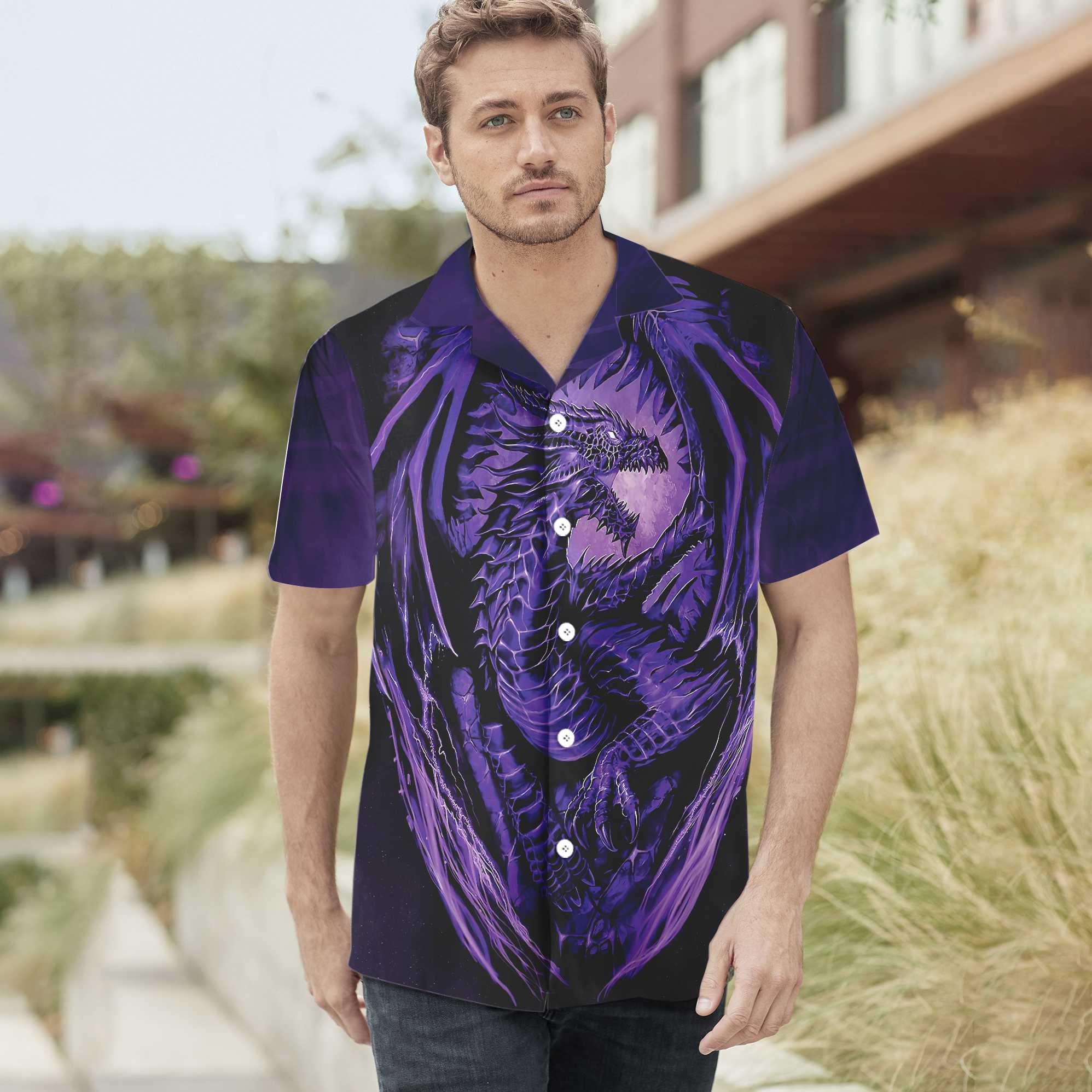 Purple Neon Dragon Hawaiian Shirt Black And Purple Dragon Shirt Best Gift For Dragon Lovers Aloha Shirt For Men and Women