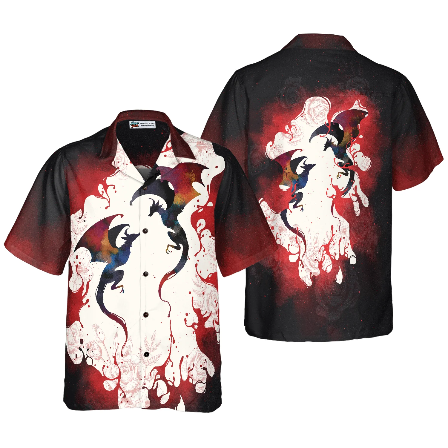 Blood Dragon with Vintage Rose Mens Hawaiian Shirt Aloha Shirt For Men and Women