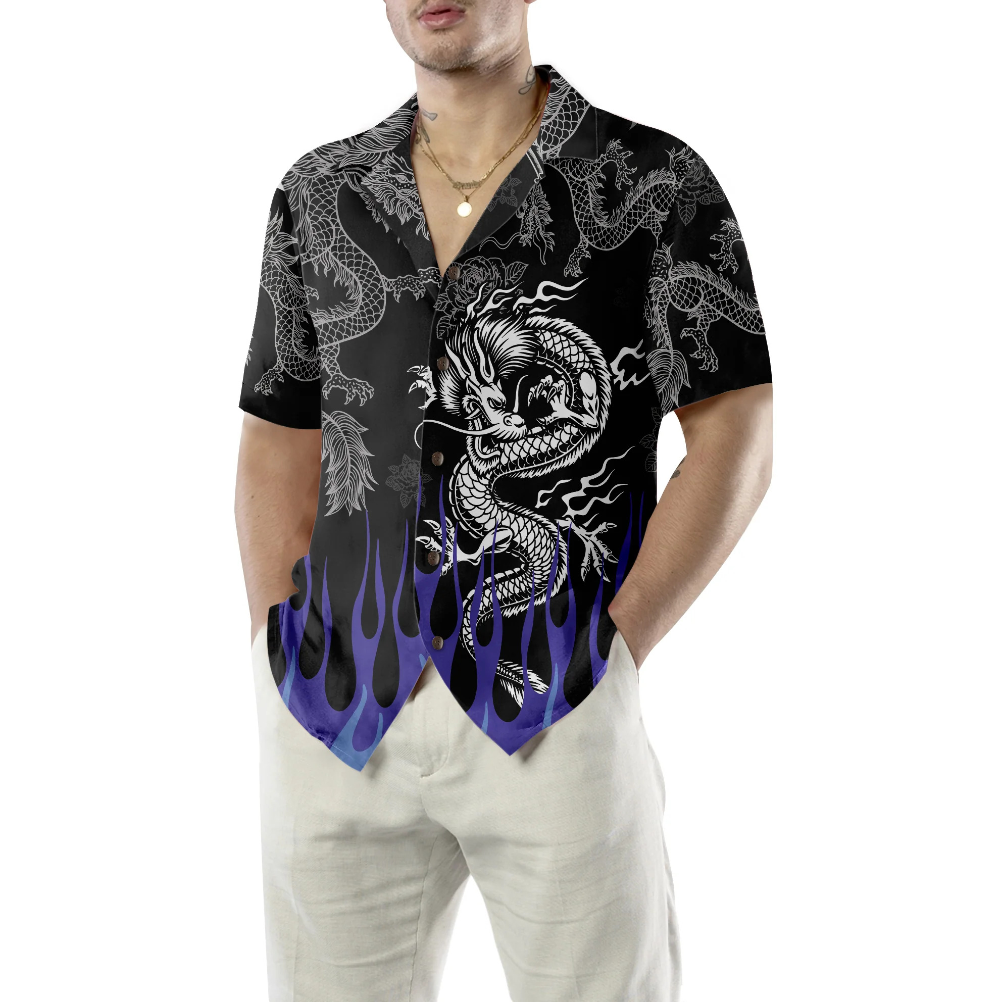 Dragon With Blue Flame Hawaiian Shirt Aloha Shirt For Men and Women