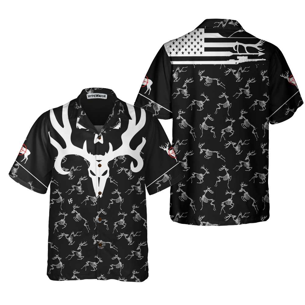 Deer Head Skull Bone America Hunting Hawaiian Shirt Black And White Deer Hunting Shirt Aloha Shirt For Men and Women