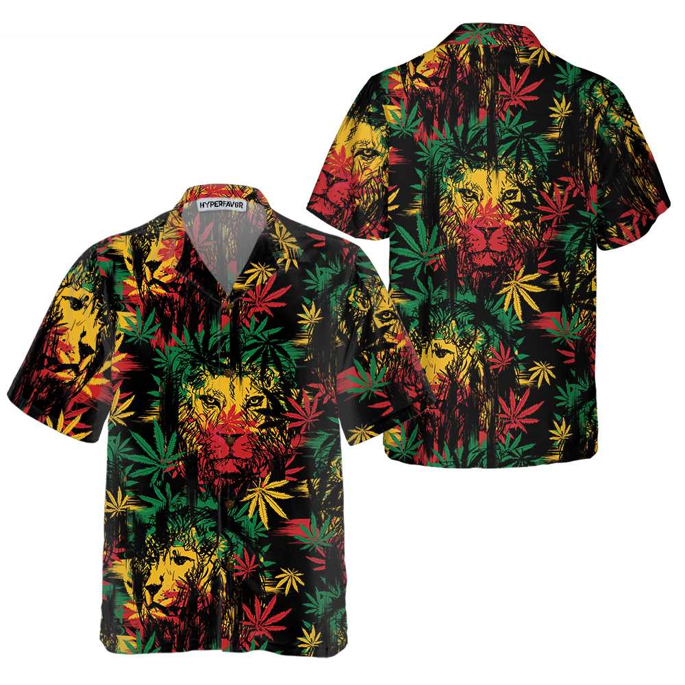 Lion Head With Cannabis Marijuana Leaves Lion Hawaiian Shirt Button Up Lion Shirt  Women Cool Gift For Lion Lover Aloha Shirt For Men and Women