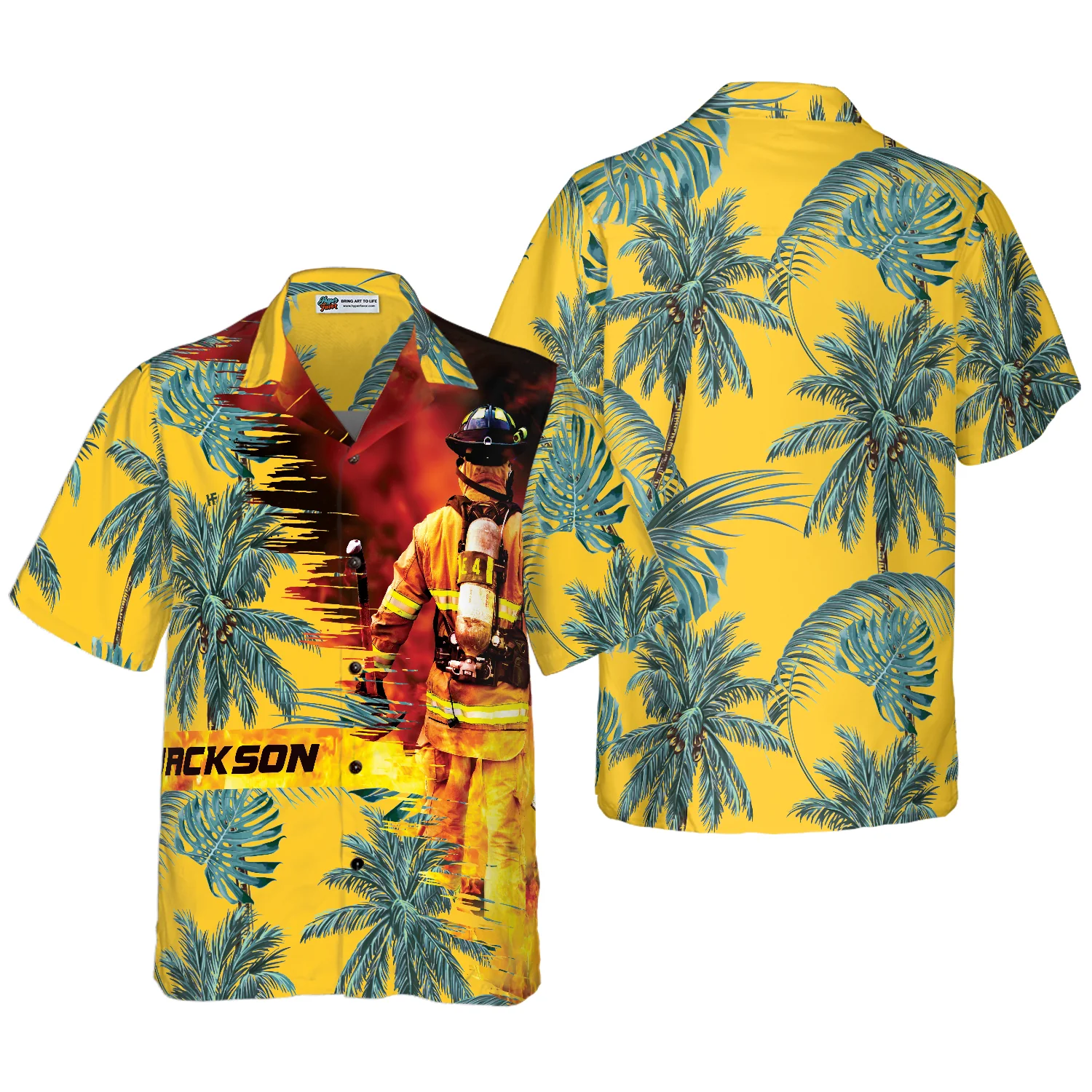 Firefighter Yellow Tropical Custom Hawaiian Shirt Personalized Tropical Palm Tree Firefighter Shirt Aloha Shirt For Men and Women