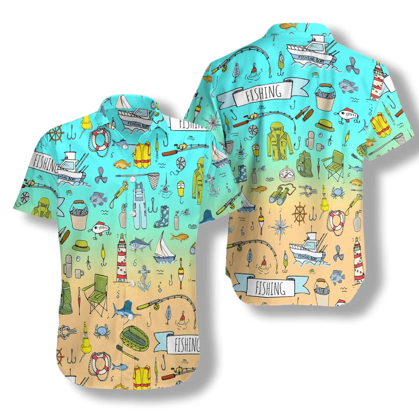 Fishing Doodle Seamless Pattern Hawaiian Shirt Aloha Shirt For Men and Women