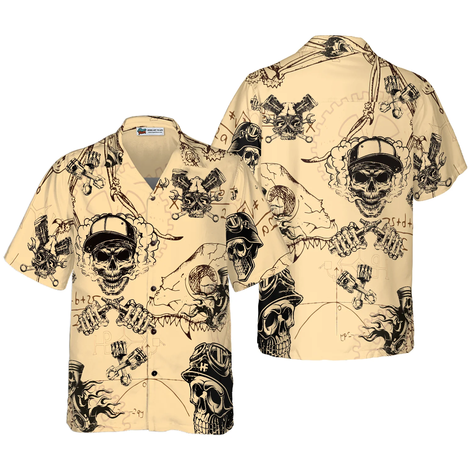 Skull On Retro Mechanism Background Hawaiian Shirt Aloha Shirt For Men and Women