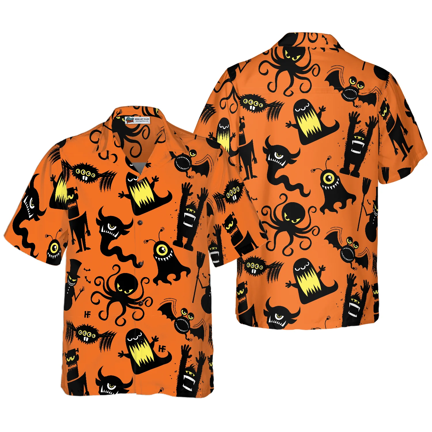 Cute Monster Silhouette Halloween Bigfoot Hawaiian Shirt Pumpkin Orange And Black Halloween Bigfoot Shirt Aloha Shirt For Men and Women