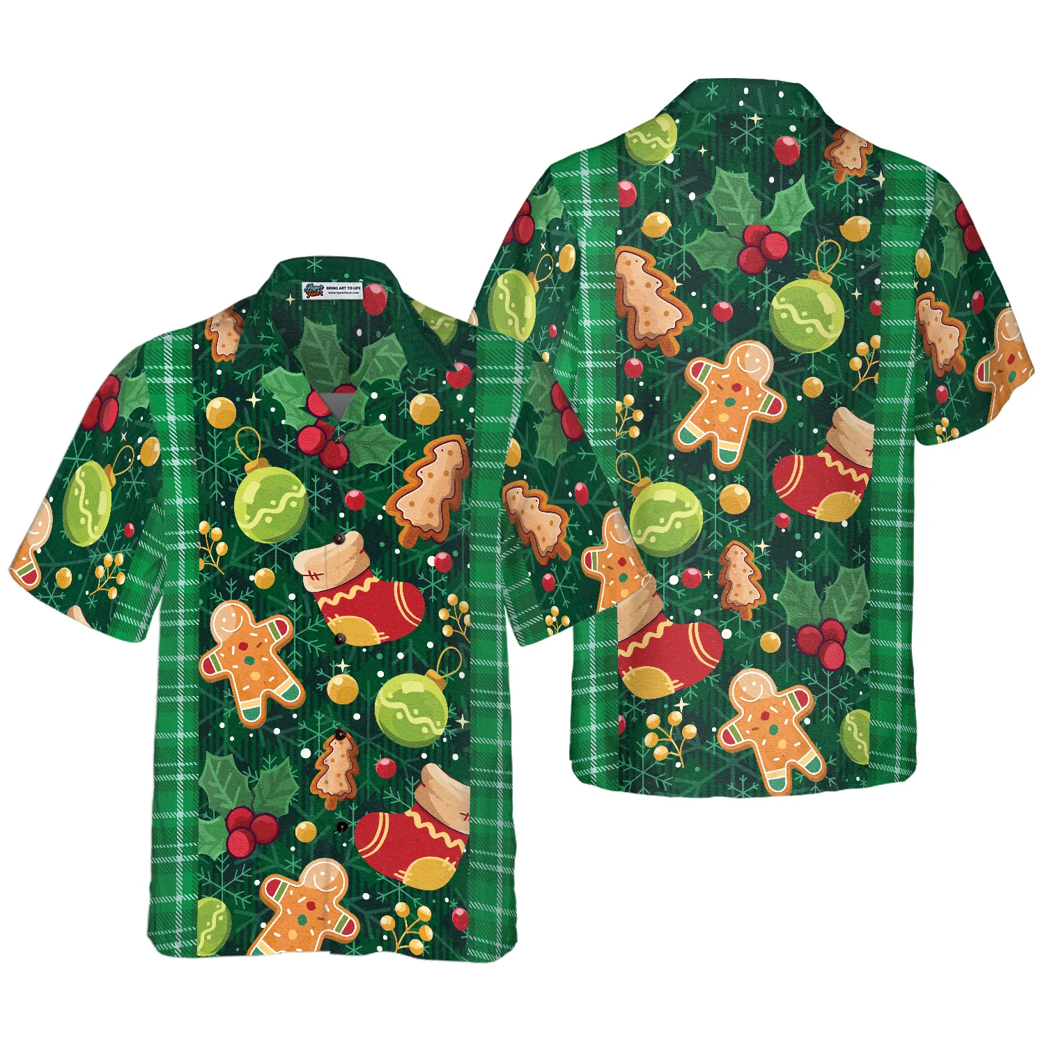 Hyperfavor Christmas Green Plaid Pattern Hawaiian shirt Christmas Shirts Short Sleeve Button Down Shirt Aloha Shirt For Men and Women