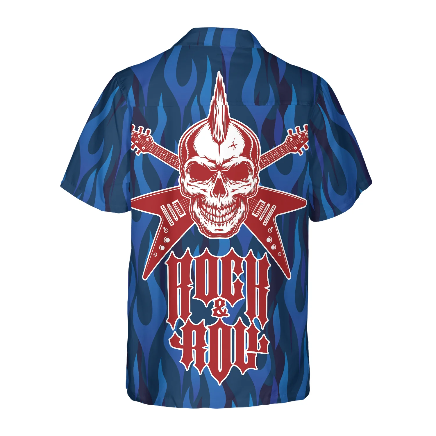 Punk Rock Skull Electric Guitar Hawaiian Shirt Blue Flame Pattern Skull Rocker Hawaiian Shirt Aloha Shirt For Men and Women