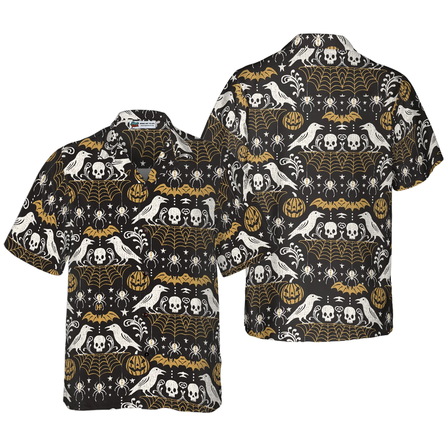 Halloween Eve Black Hawaiian Shirt Pumpkin Bat Crow Spider Web Skull Hawaiian Shirt Aloha Shirt For Men and Women