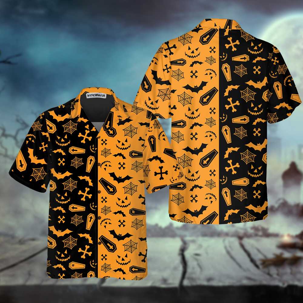 Black And Orange Spooky Halloween Hawaiian Shirt Halloween Seamless Pattern Shirt Best Halloween Gift Ideas Aloha Shirt For Men and Women